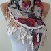 Beige-Pink and Blue - Flowered - Triangular Scarf - with Beige Trim Edge