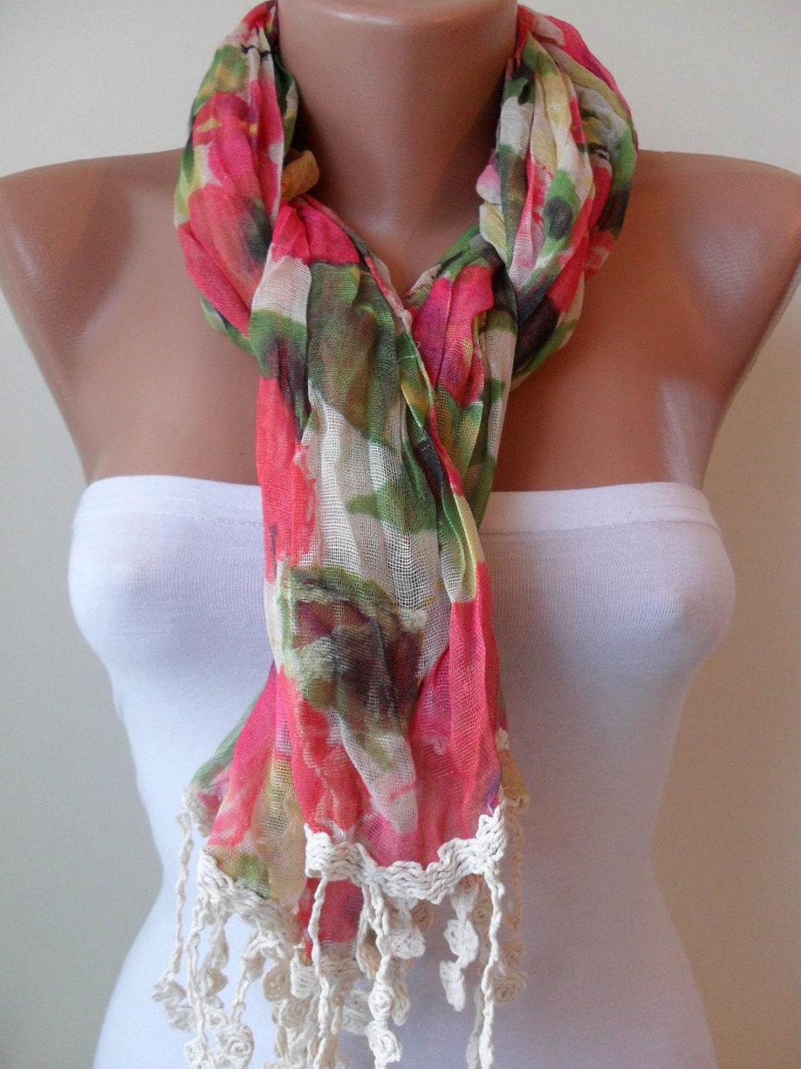 New - Colorful Flowered Scarf - with Beige Trim Edge