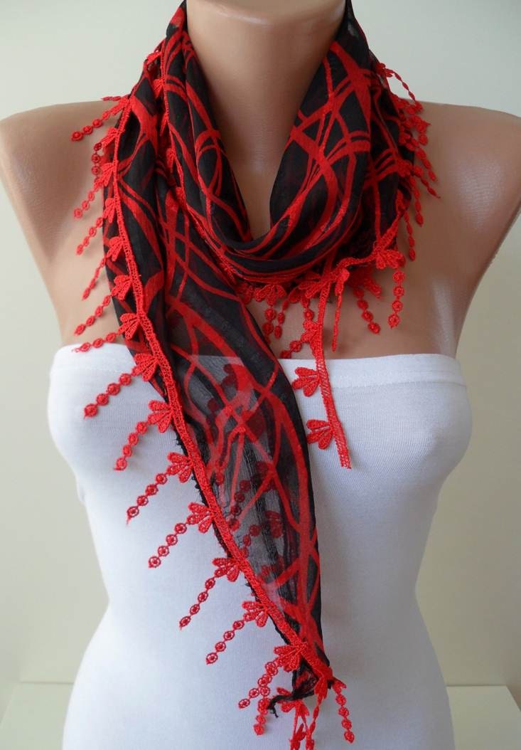Red Shawl / Scarf with Red Trim Edge
