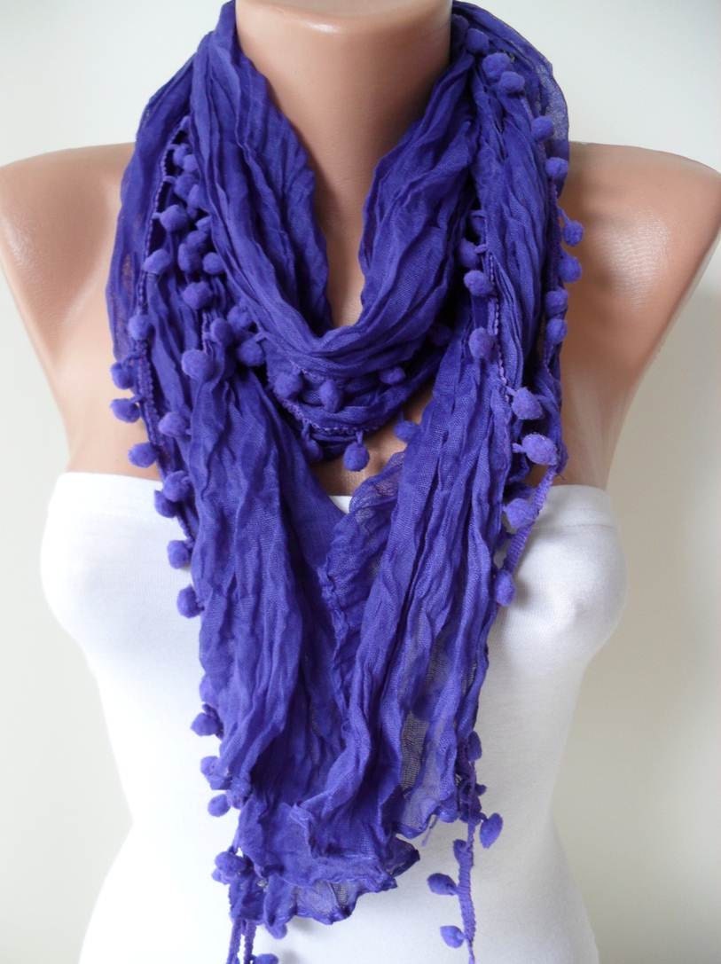 New - Mother's Day Gift -  Purple Cotton Scarf with Pompom Trim Edge