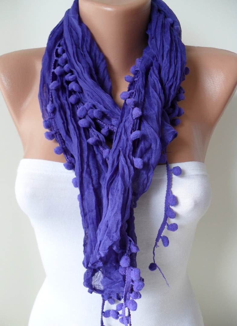 New - Mother's Day Gift -  Purple Cotton Scarf with Pompom Trim Edge