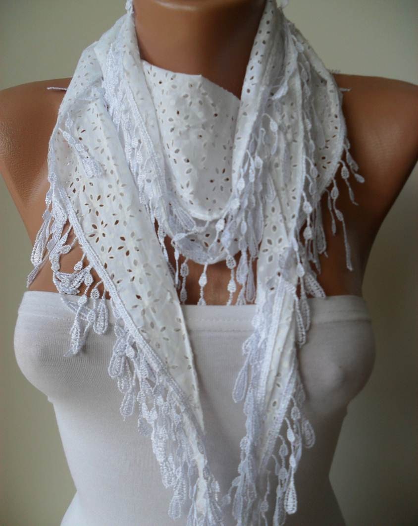 Gift - Cotton - Perforated Fabric Scarf - White Scarf with White Trim Edge