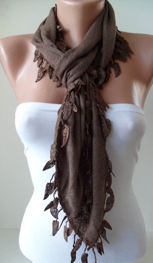 Brown Scarf - with Brown Lace Trim Edge Shaped Leaves