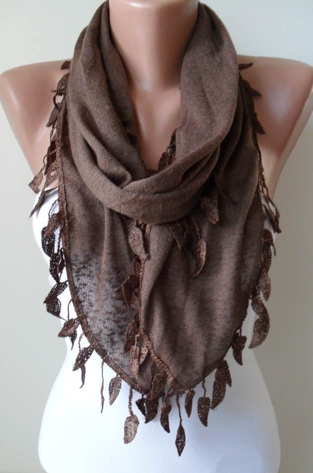 Brown Scarf - with Brown Lace Trim Edge Shaped Leaves