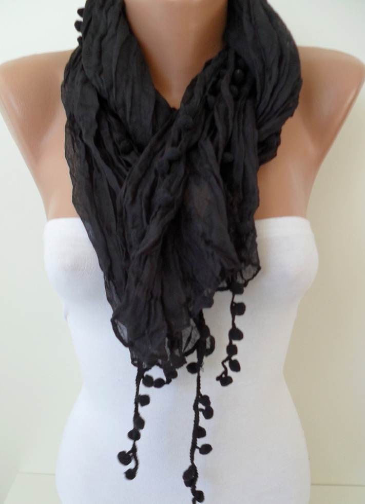 Black Scarf with Pompom Trim - Cotton Fabric