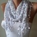 SALE - White Scarf with Grey Flowers  with White Trim Edge -  Silvery Fabric