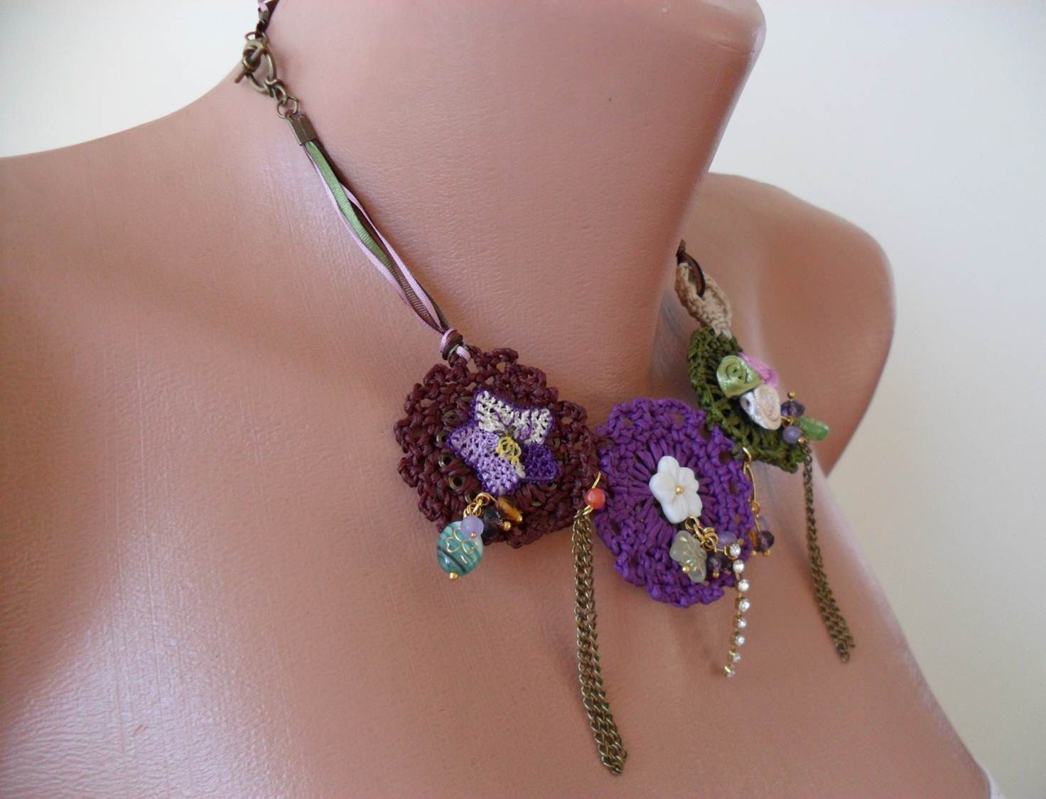 Crochet Necklace with Lace and Fabric Flowers - Speacial Design