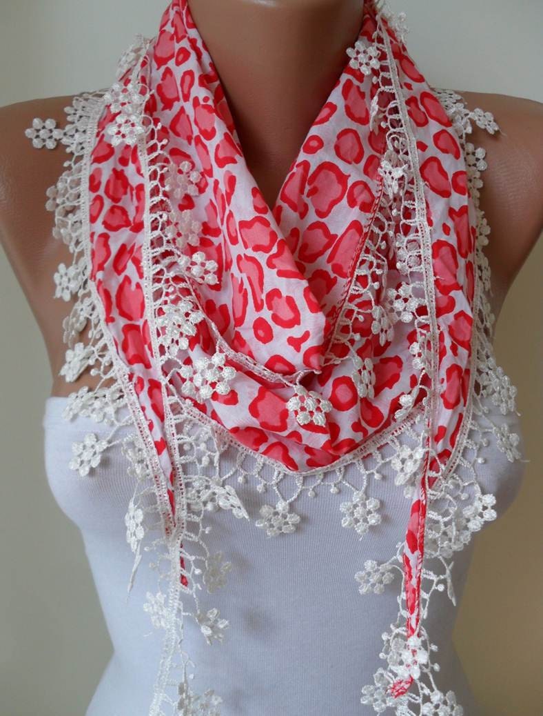 Spring Scarf with White Flowered Trim Edge
