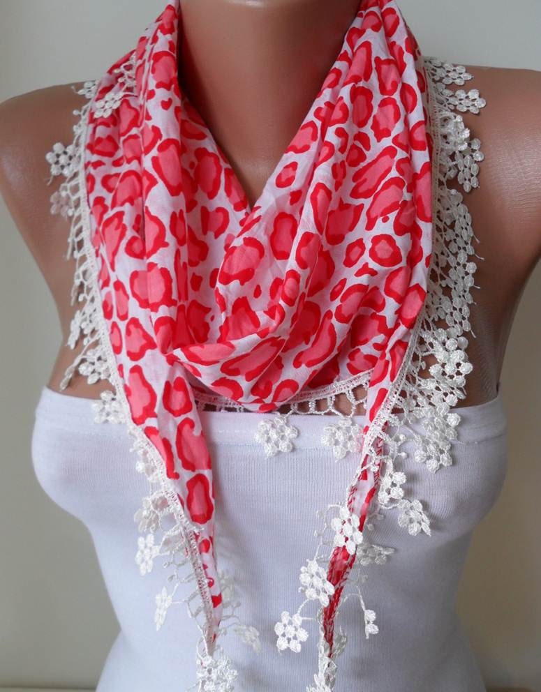 Spring Scarf with White Flowered Trim Edge