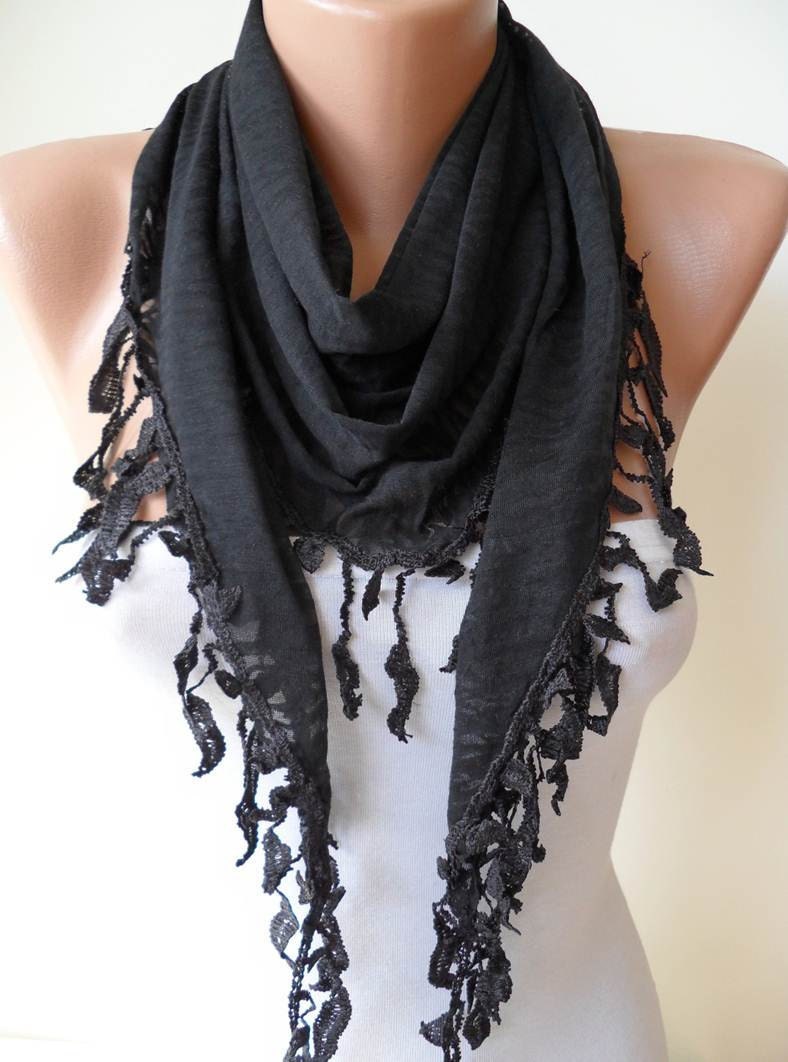 Triangular - Black Cotton Scarf with Trim Edge -Leopard Fabric