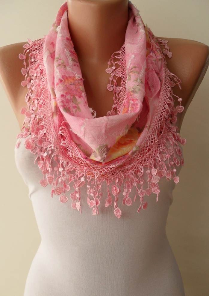 Pink Scarf with Pink Trim Edge - Flowered Fabric - Summer Colors