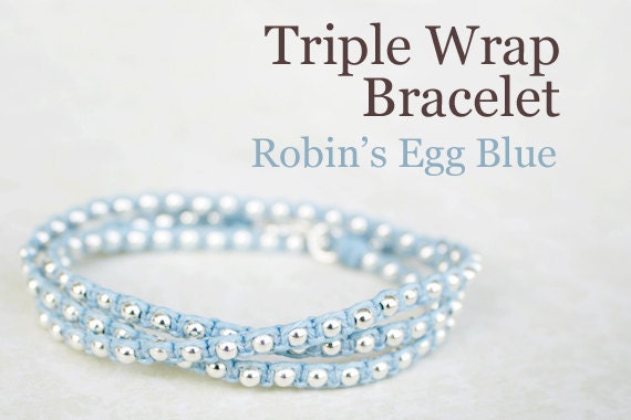 Beaded Friendship Wrap Bracelet - Robin's Egg Blue Waxed Irish Linen with Sterling Silver Beads and Sterling Silver Hook Clasp