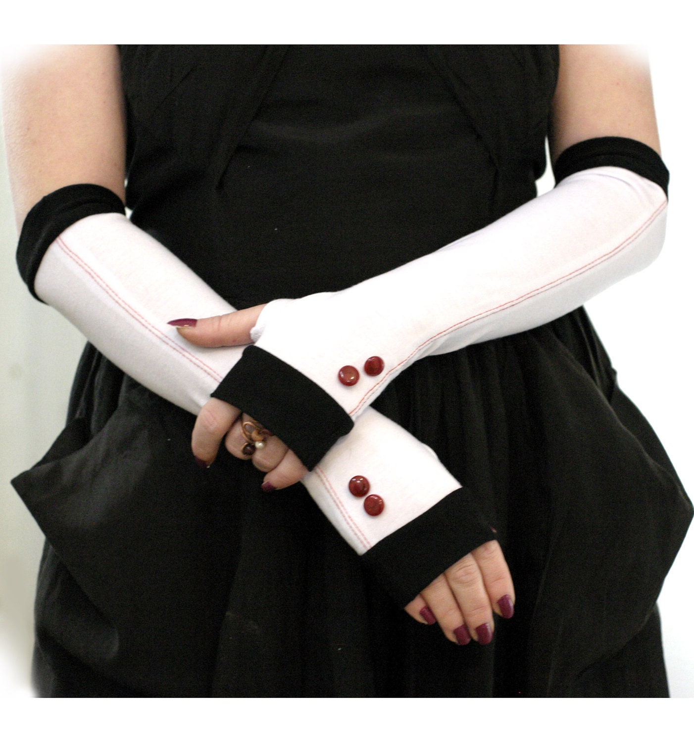 Elegant white wiht black edges and shiny cherry vintage buttons  fingerless gloves  - Wedding Gothic Steampunk  Alice  Chic Classic Red - WearMeUp