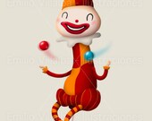 Children illustration art print  circus juggling clown 5.8" x 8.3" A5