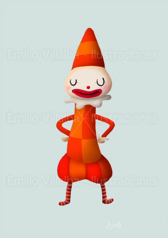 Children illustration art print  orange circus clown 5.8" x 8.3" A5
