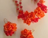 Orange red jewellery- Flower necklace- Flower earrings
