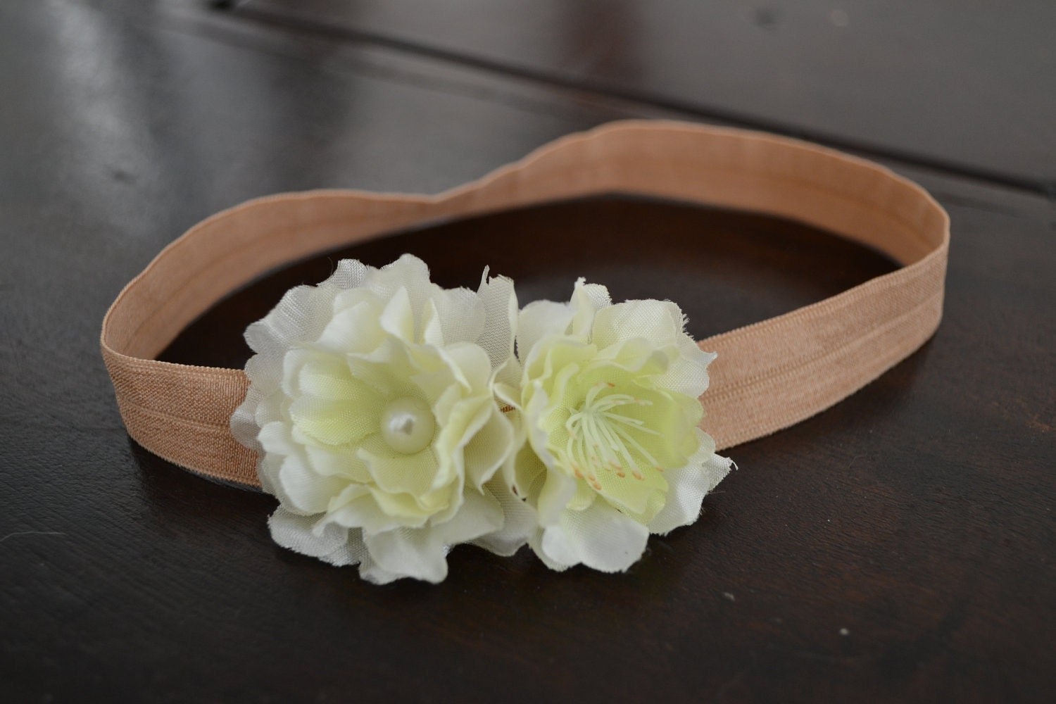 Nude Fold Over Elastic Baby Headband - Double Light Ivory Flower Headband - Baby Headband - Photography Prop - Infant - Baby Girl