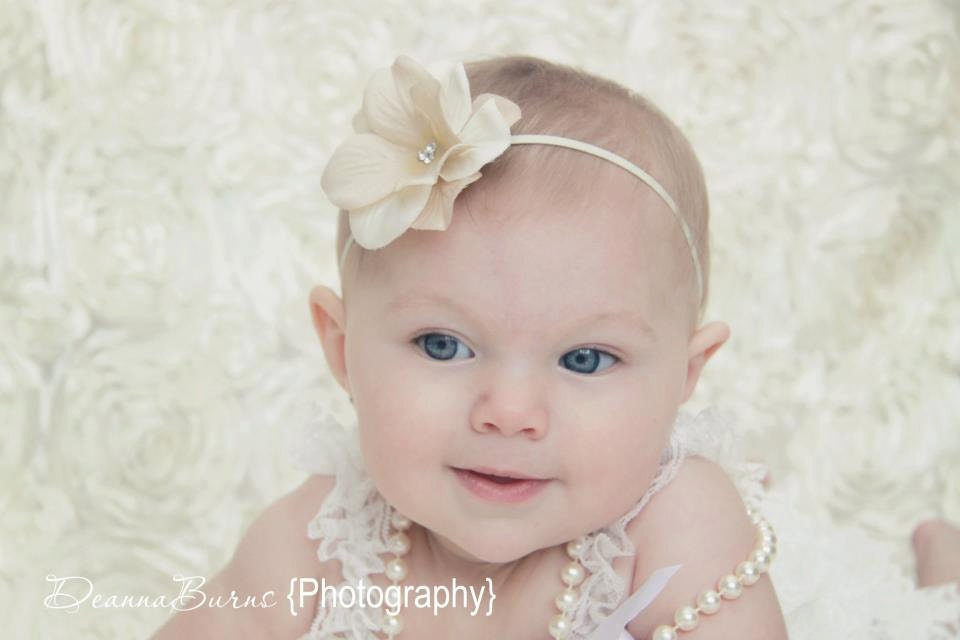 READY TO SHIP, Size 6-12 months - Ivory Baby Headband - Tan - Hydrangea Flower with Swarovski Crystals - Skinny Elastic Headband