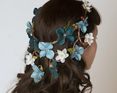 Flower Crown Head Piece - Cascading Veil of Turquoise Blue & Aqua Flowers - Woodland Wedding Wreath, Forest Nymph Circlet
