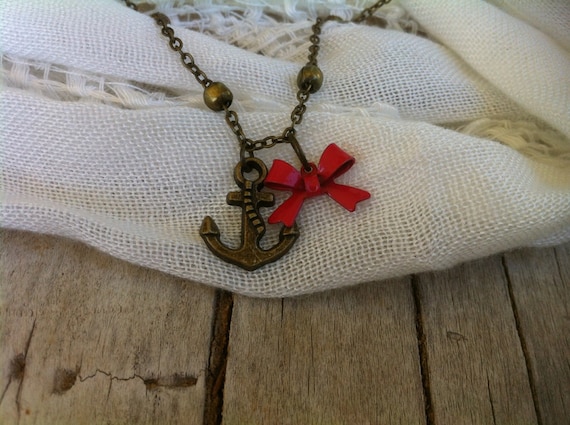 Anchors Away. With Red Bow. Antique bronze/brass anchor charm bracelet