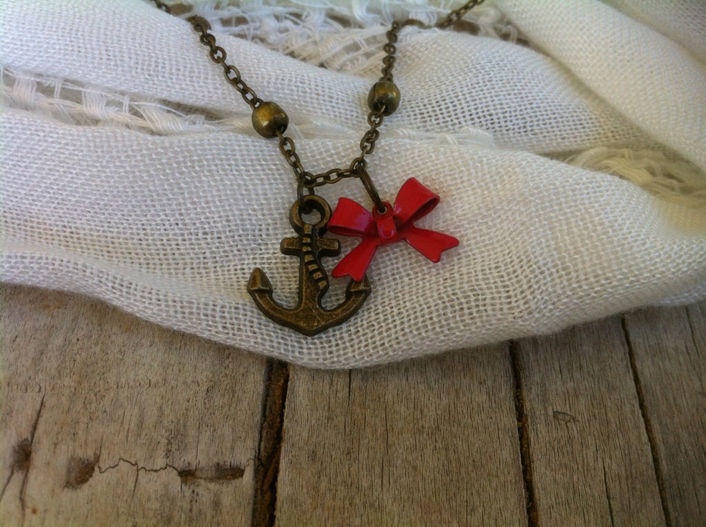 Anchors Away. With Red Bow. Antique bronze/brass anchor charm bracelet
