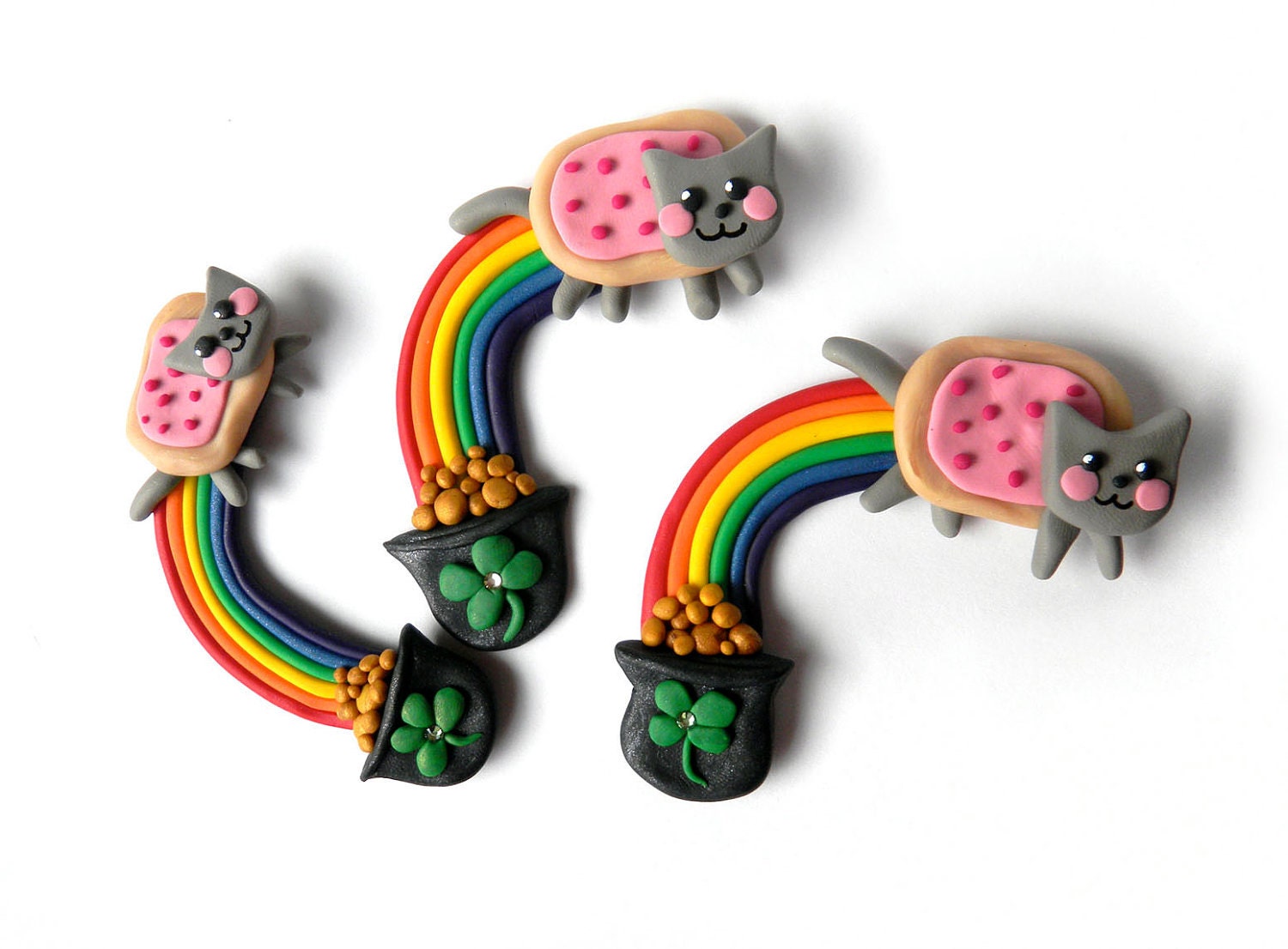 Nyan Cat Rainbow and Pot of Gold - St. Patrick's Magnet - Polymer Clay and Swarovski Rhinestone