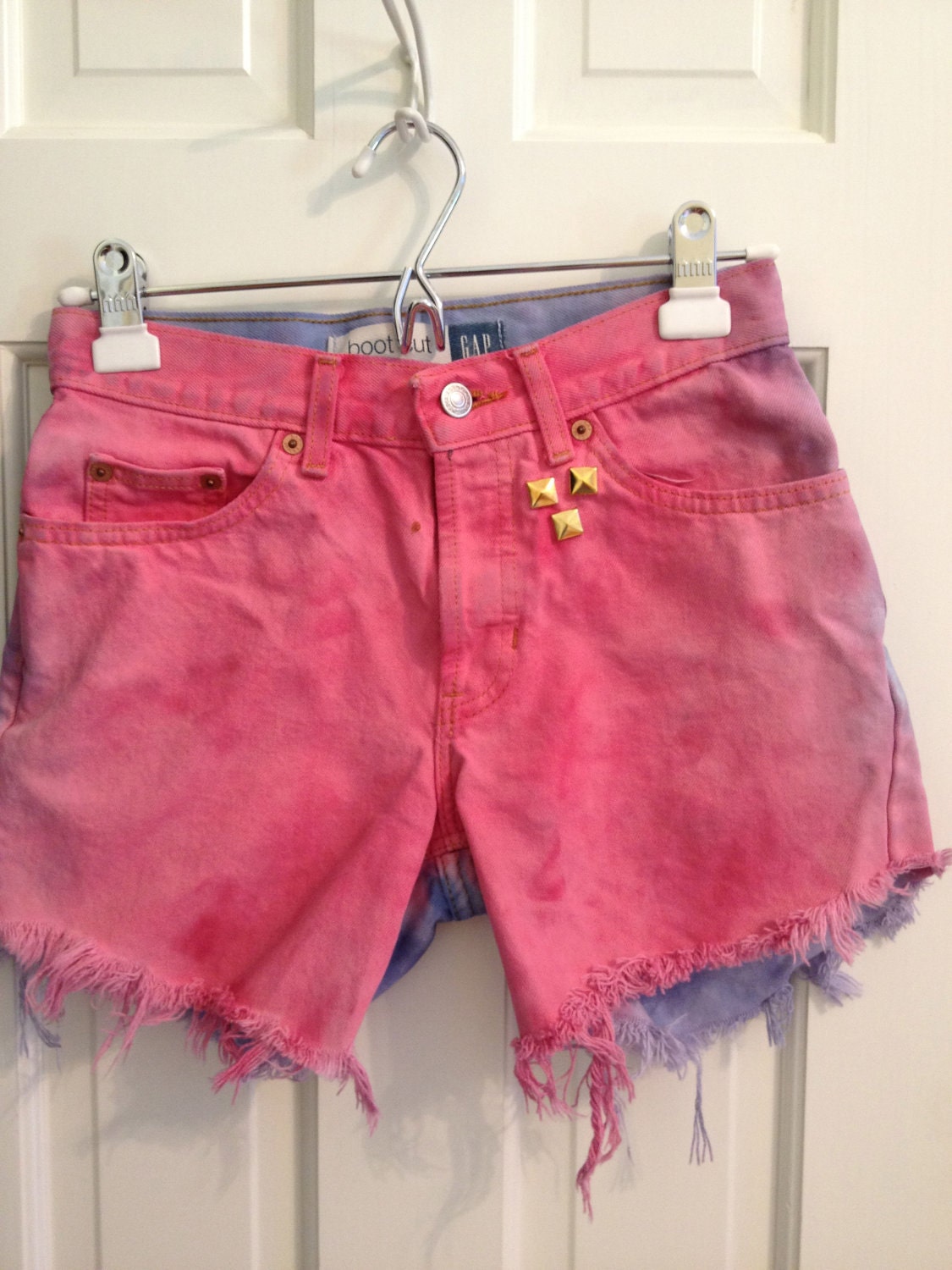 Dyed Red and Blue High Waisted Jean Shorts with Gold Studs