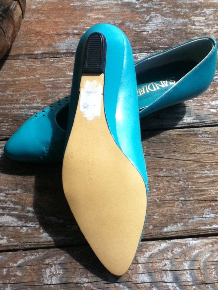 Sandler 80s Leather Turquoise Woven Wedge Shoe "Never Been Worn" Size 7