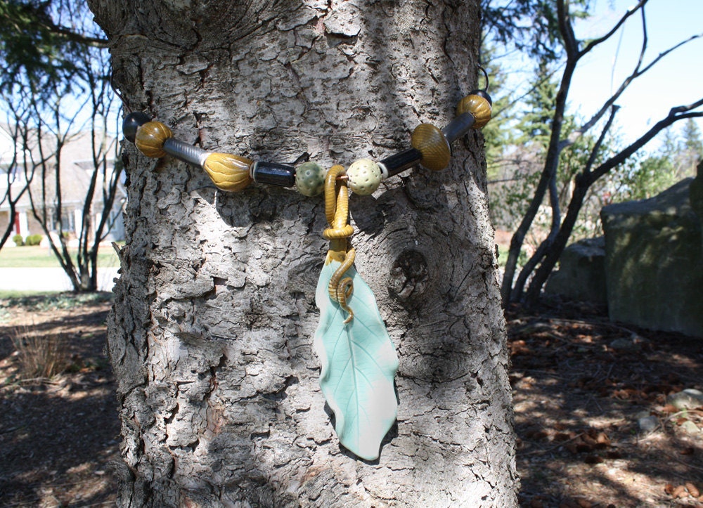 Tree Bling, celadon, brown & black jewellery for your trees, handmade exotic, organic, ceramic baubles to decorate your tree trunks