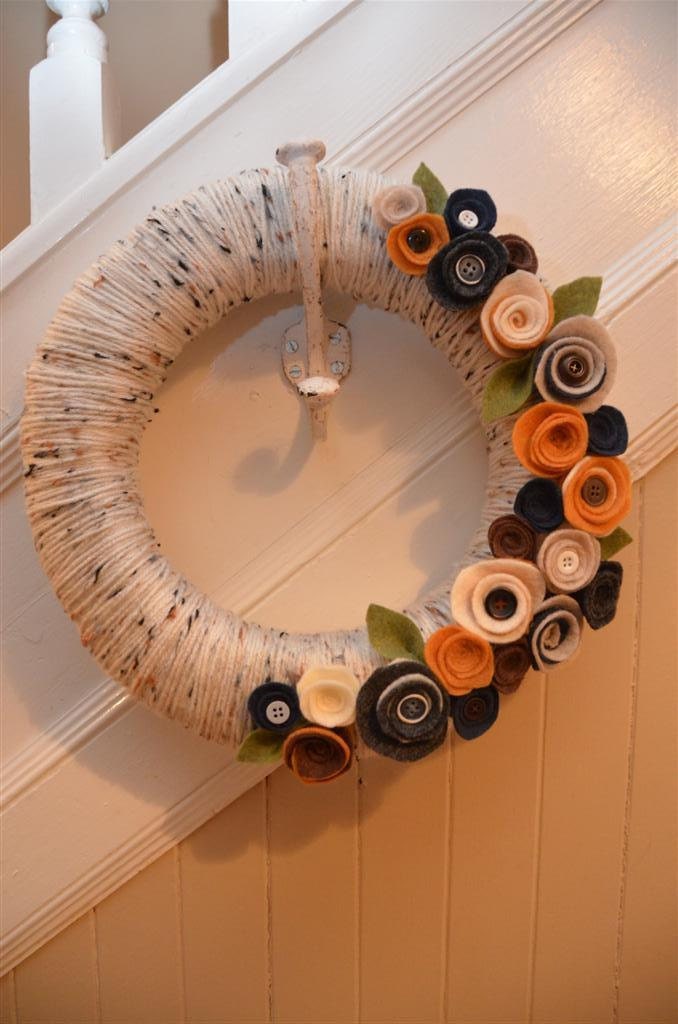 Yarn Wreath - WOODLAND COTTAGE - Yarn Covered Straw Wreath with Felt Flowers and Button Accents - 12 inches