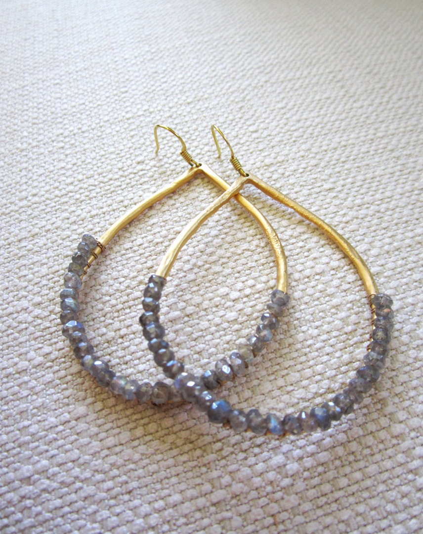 Teardrop Hoop Earrings, Hand wrapped, Gold teardrop, Large hoop, Wire wrapped earrings.