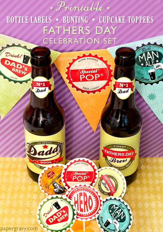 PRINTABLE SET Fathers Day Bottle Labels, Bunting, Cupcake toppers Last minute Gift Il_570xn