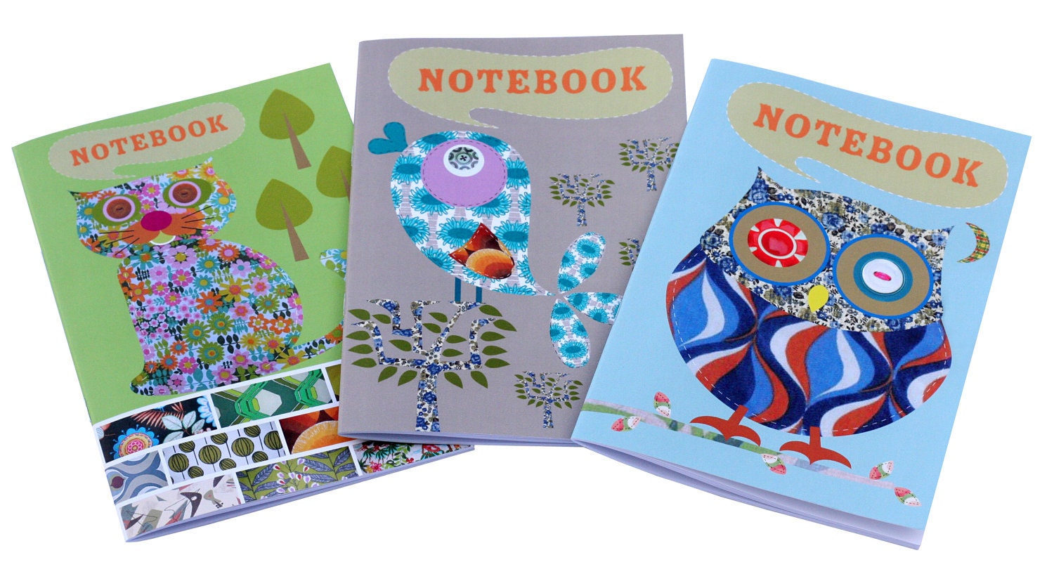 A6 notebook set - three different notebooks, cute owl, songbird and cat designs