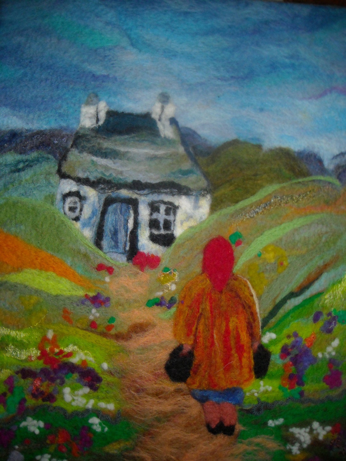 felt art, naive landscape, welsh wall art, wet felted,  Nearly there