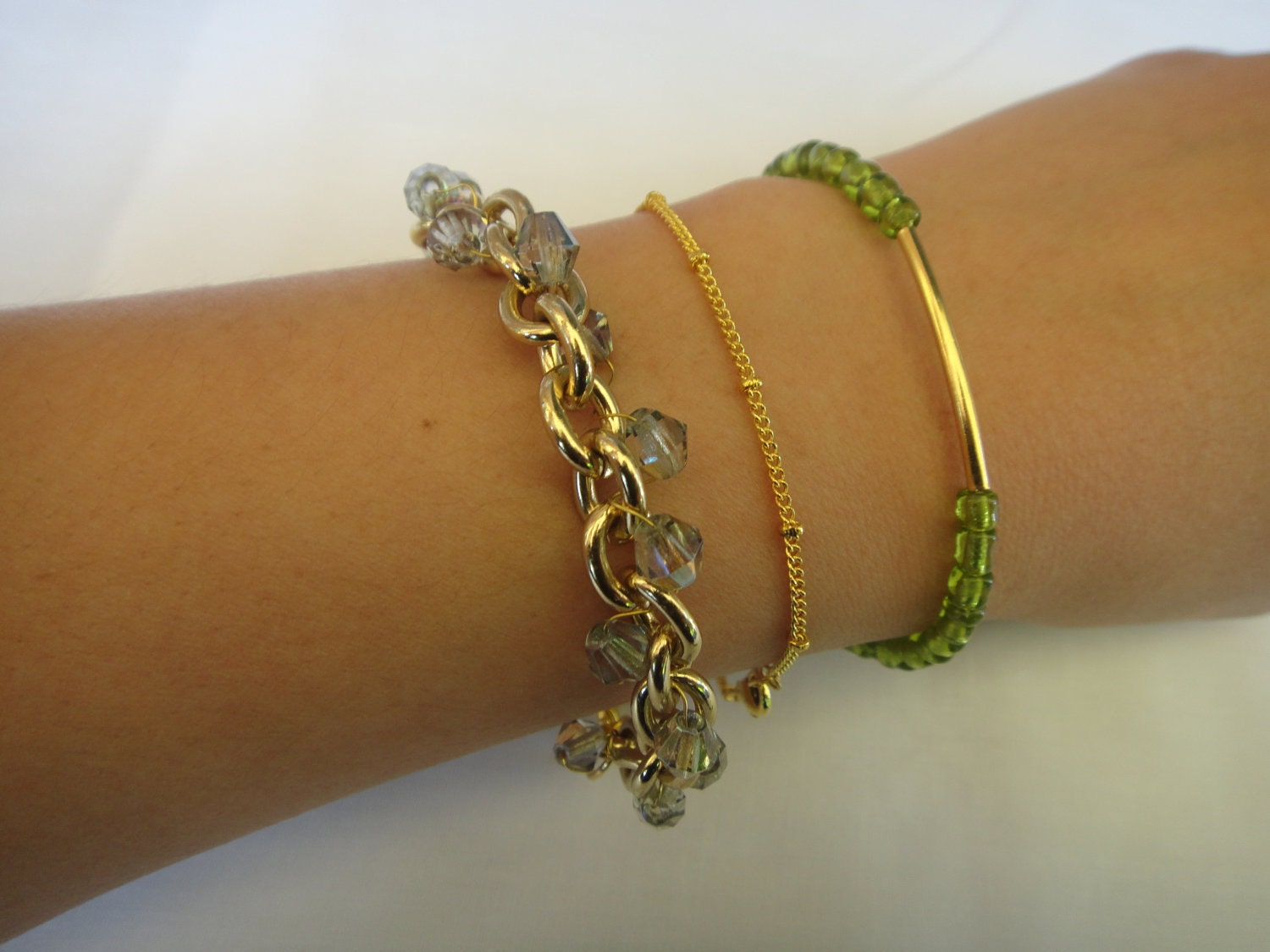 Gold Bar and Vintage Green Glass Bracelet