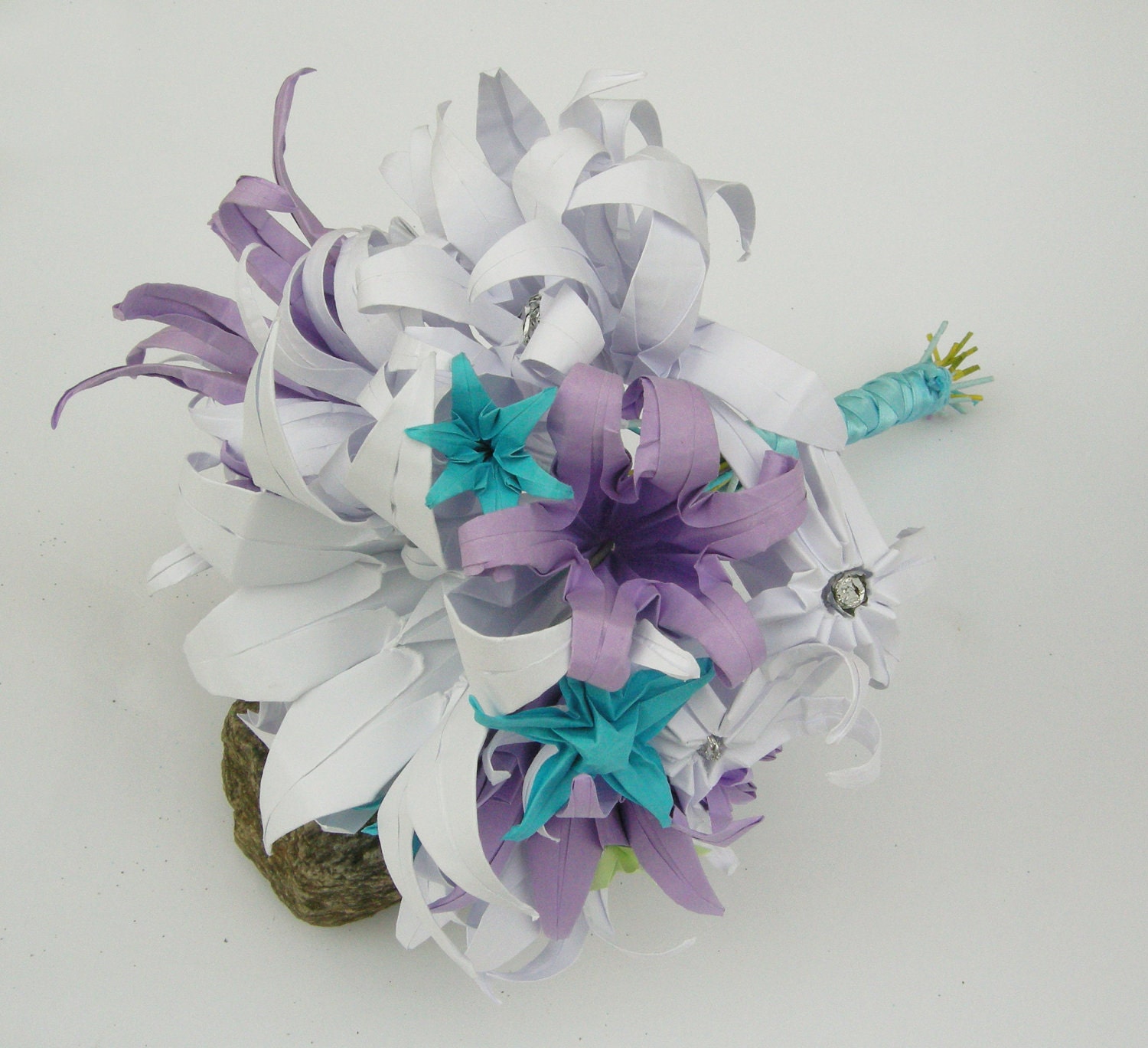 SALE : Bridal Bouquet from origami flowers in white, thistle lilac, deep sky blue and pale green color