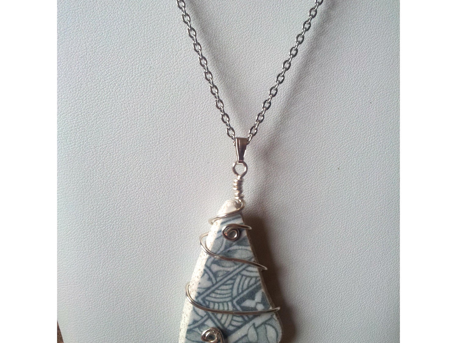 Scottish sea pottery necklace beach ceramic wire wrapped chain shard pendant recycled