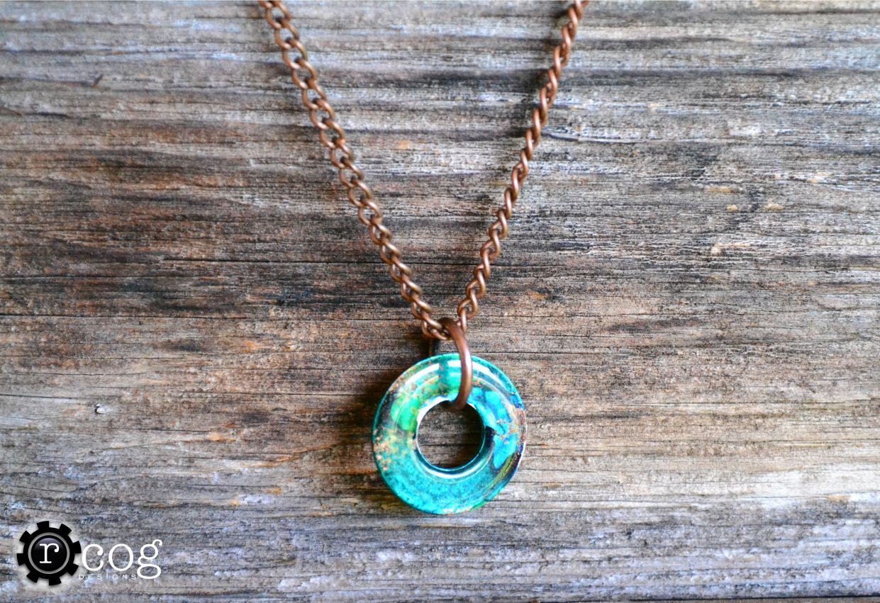 Custom Industrial Token Necklace - Blue, Green with a tinge of Copper - or choose your Own Colors