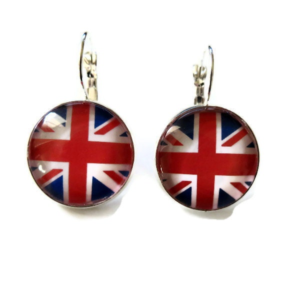 Union Jack Earrings, London Olympic Lever Back Earrings, British Flag Jewelry, Silver Tone