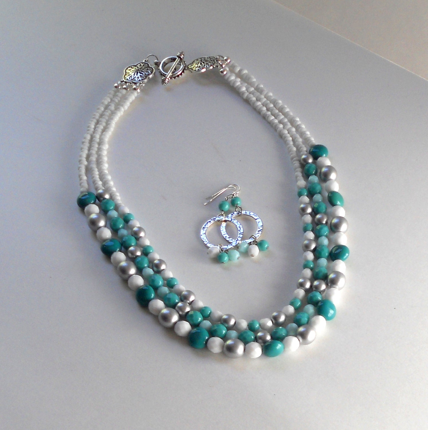 Triple Strand Turquoise Green Statement Necklace Caribbean Faceted Opaque Czech White Silver Resort Fashion Beaded Cruise Wear Glass Beads