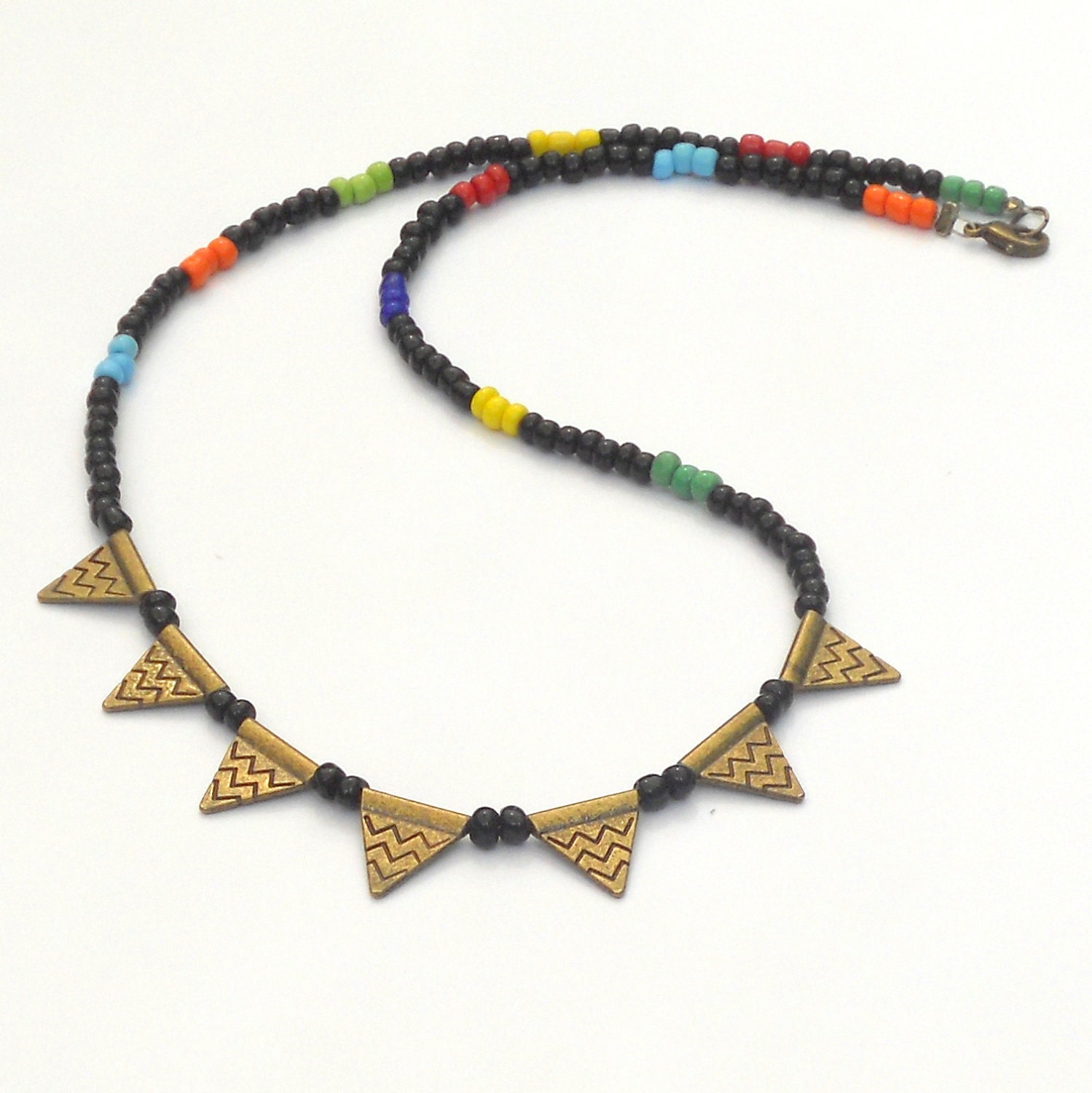 Bunting Geometric Necklace Triangle Multicolor Bead Chevron Flags Banner Bronze Black Hippie Boho Chic Bohemian Brass Fashion Jewelry