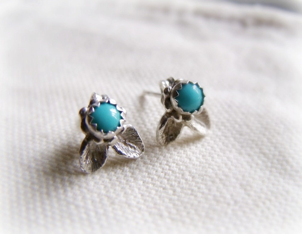 Southwestern Style Silver Turquoise Earrings - Natural Gemstone - Leaves - Post Ear Stud