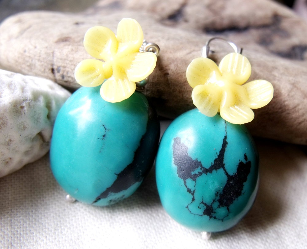 SALE - Turquoise and Vintage Glass Floral Earrings - Desert Flower in Sterling Silver - Yellow Blue Green - Gemstone