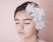 Floral Bridal Headband - Embroidery Floral, Silk Organza and Rhinestones Vines Headband / White-Silver