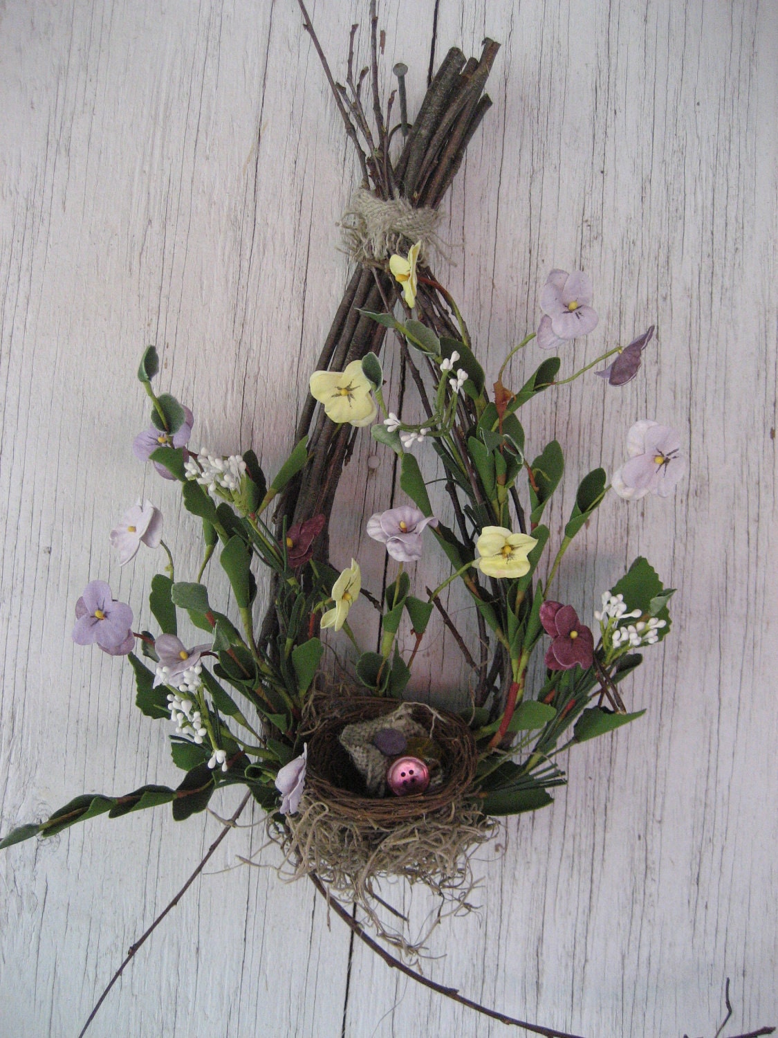 Rustic Twig Teardrop with Violets - Country decor - Primitive decor - Unique decor - Door decor - Wall Decor - Spring Decor