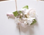 Mom's Corsages, vintage brooch, Paper flower & Vintage fabric hankie -