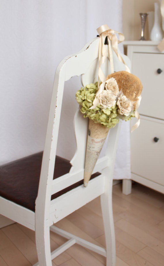 Rustic natural paper flower pew cone with mushroom and wood rose details for your wedding decor