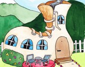 shoe house, 8x10 inch water color illustration print on paper. nursery room wall décor for baby shower