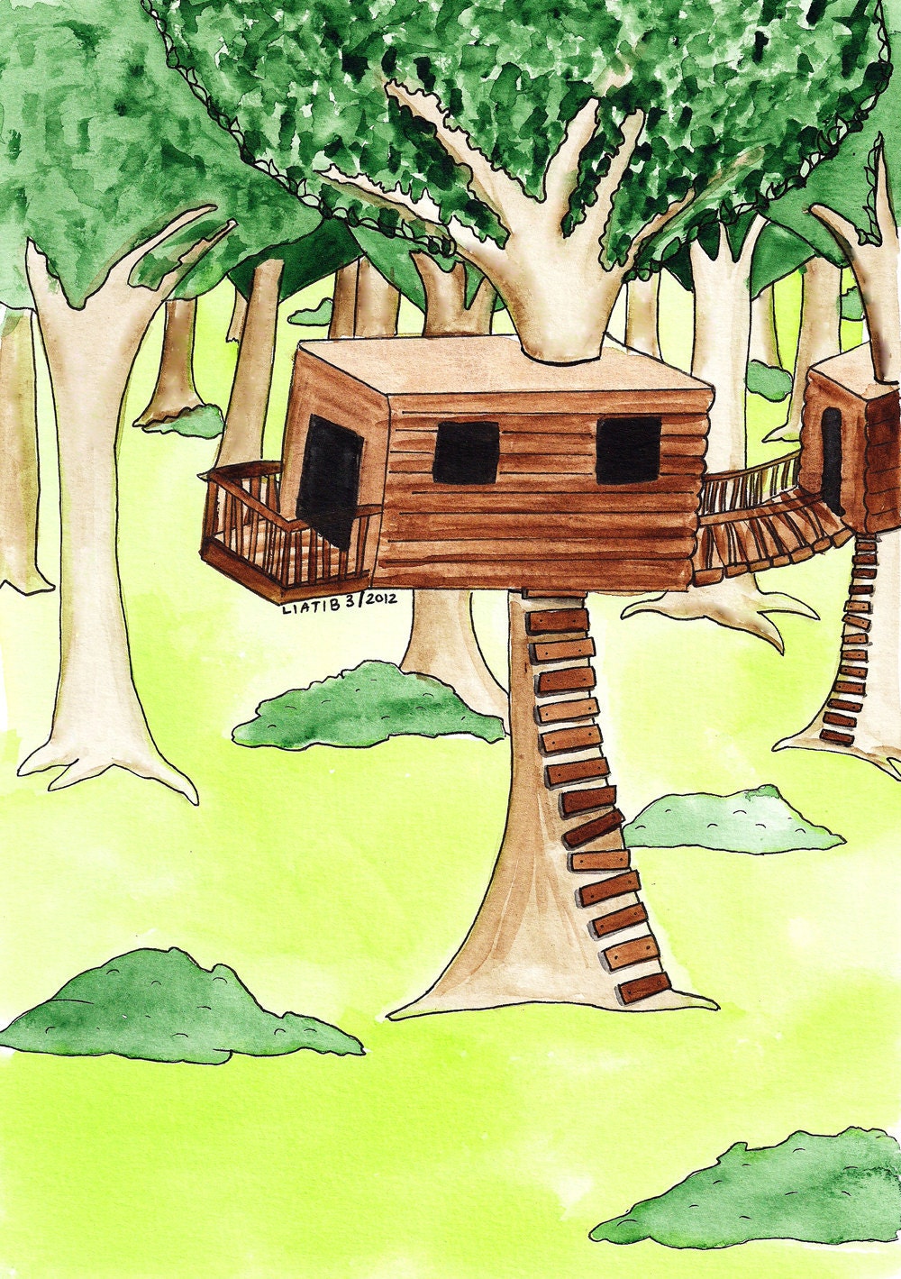 house on a tree, 8x10 inch water color illustration print on paper. nursery room wall décor for baby shower