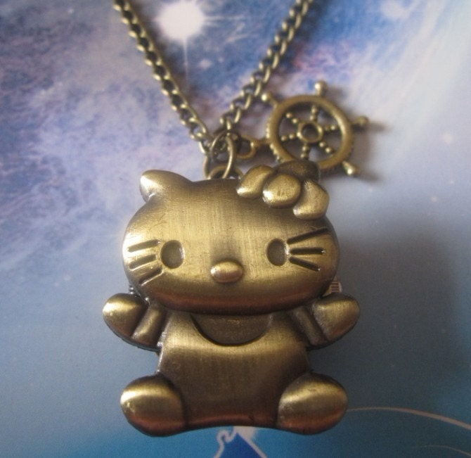 Antique Bronze Cat pocket watch necklace with brass pendant n32